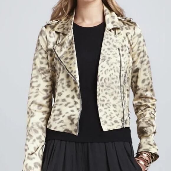 Alexis Tyler Leopard Print Long Sleeve Full Zip Moto Jacket Tan Women's Size M